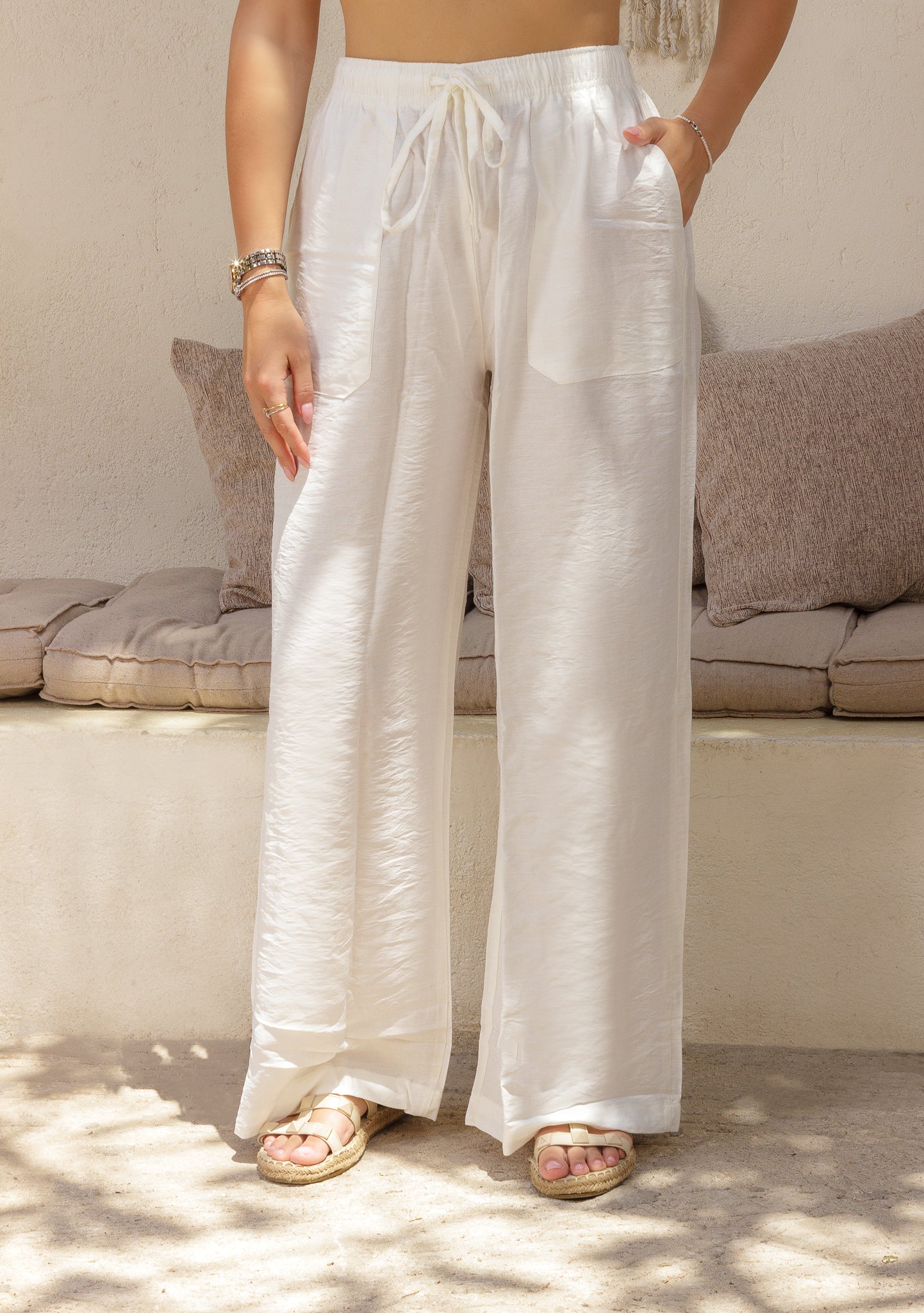 White Linen Beach Pants, Wide-Leg Trousers