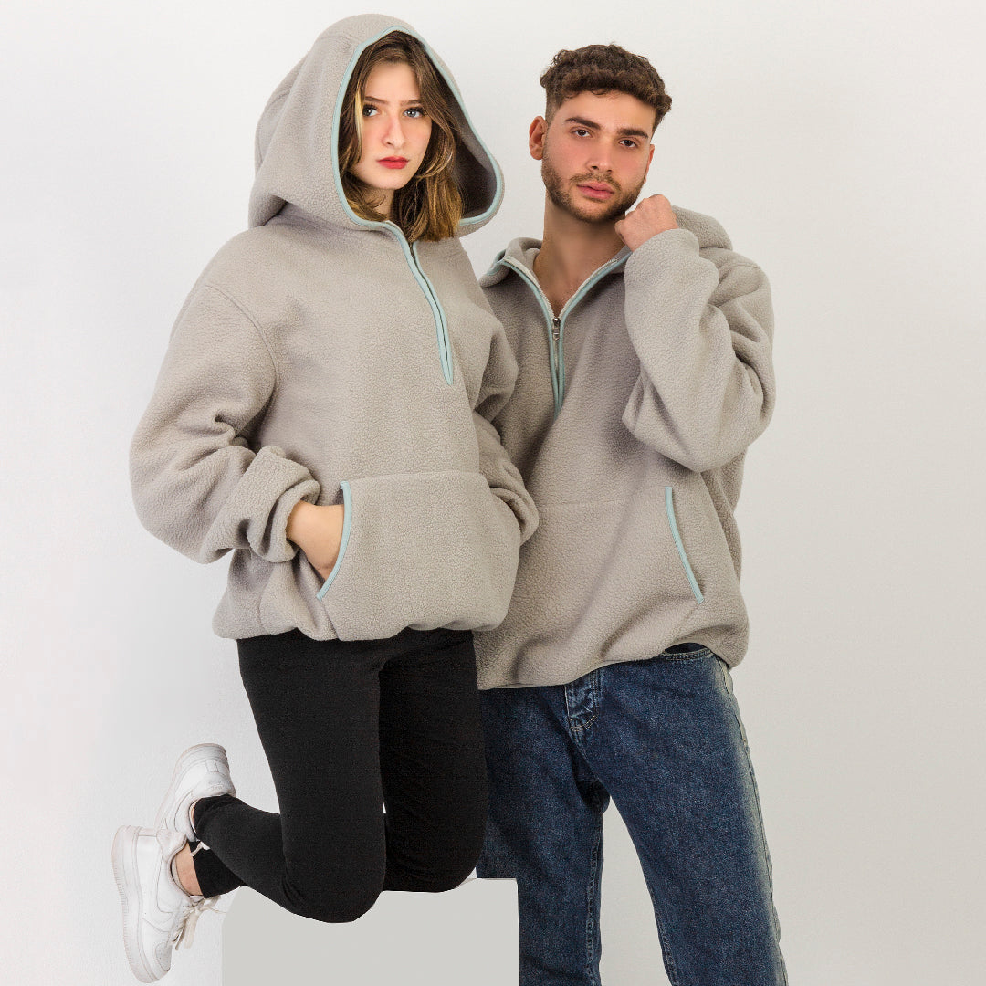 Oversized Grey Mint Hoodie, Unisex, Fleece, Half-Zip