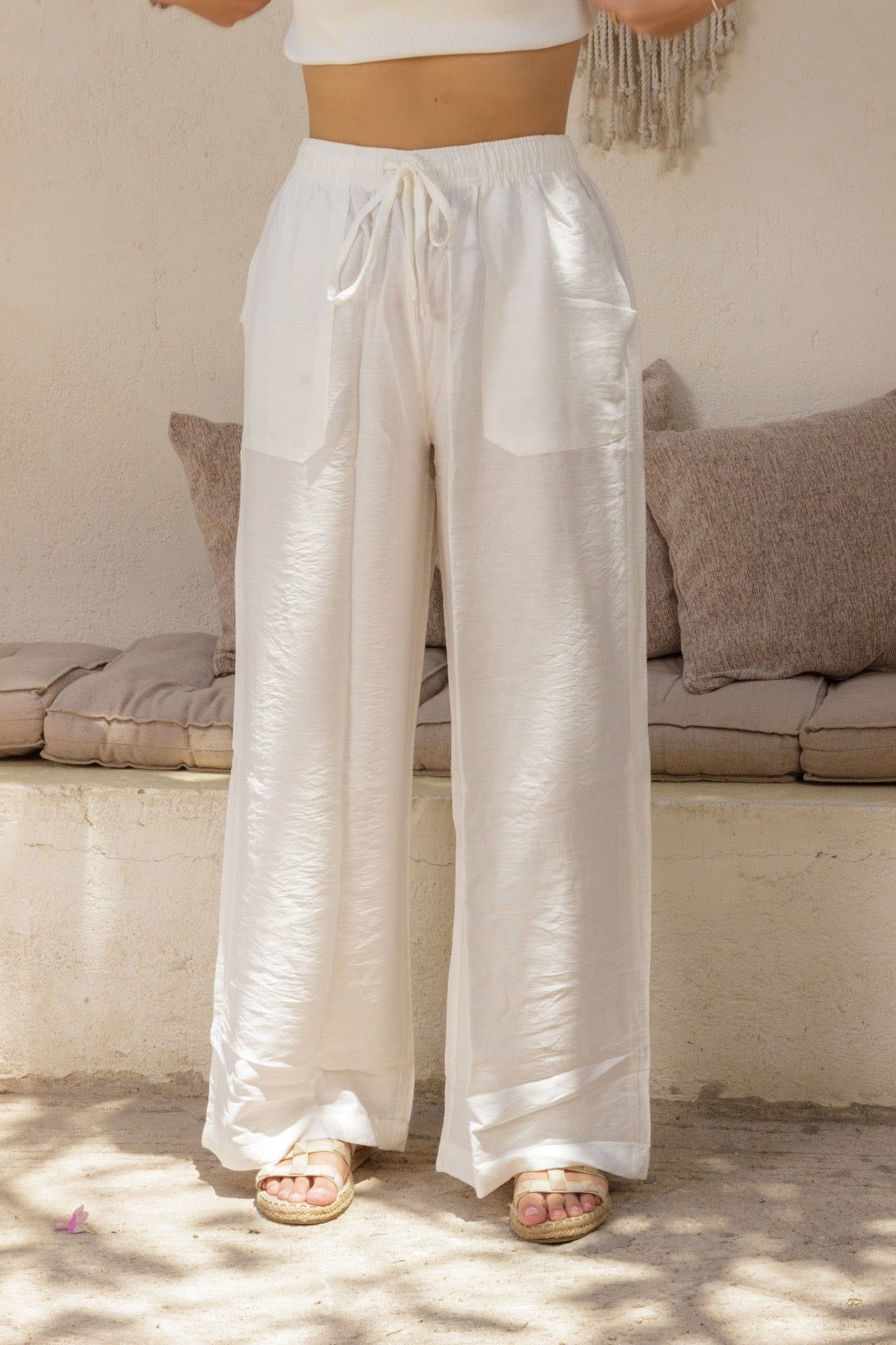 White Linen Beach Pants, Wide-Leg Trousers