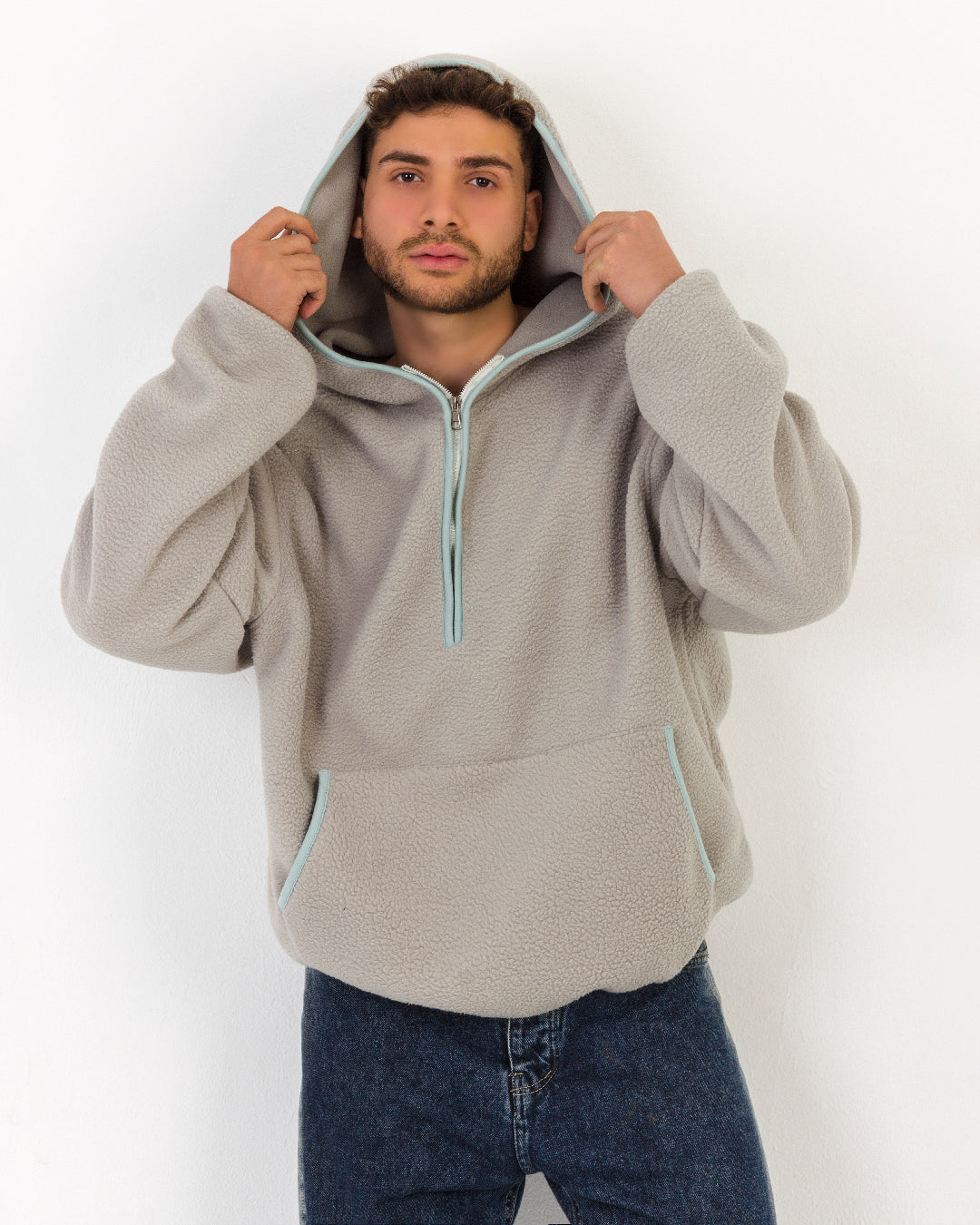 Oversized Grey Mint Hoodie, Unisex, Fleece, Half-Zip