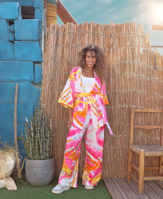 Pink Waves set with kimono, pants, and belt