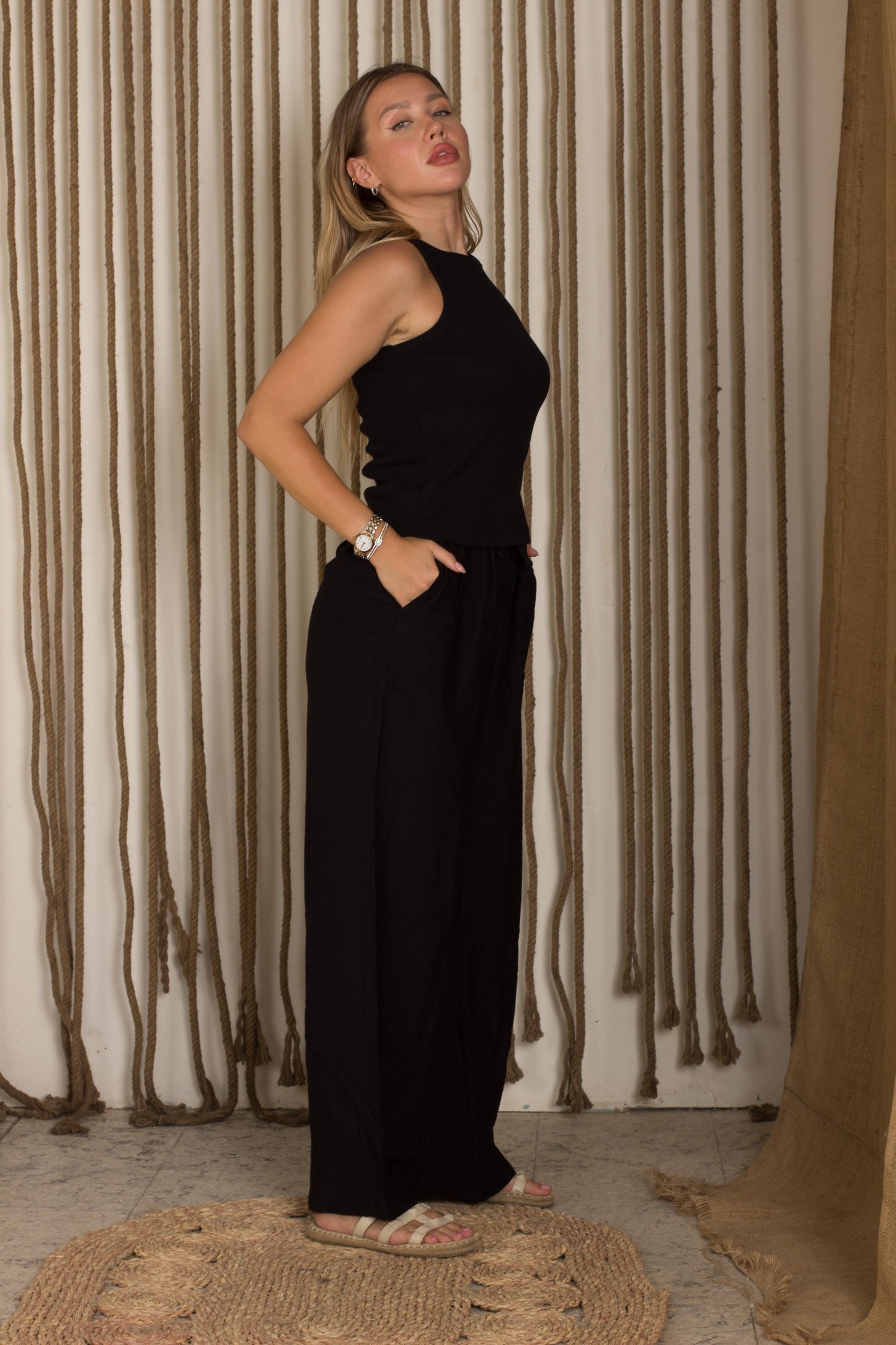 Midnight Blue Linen Pants, Wide-Leg Style