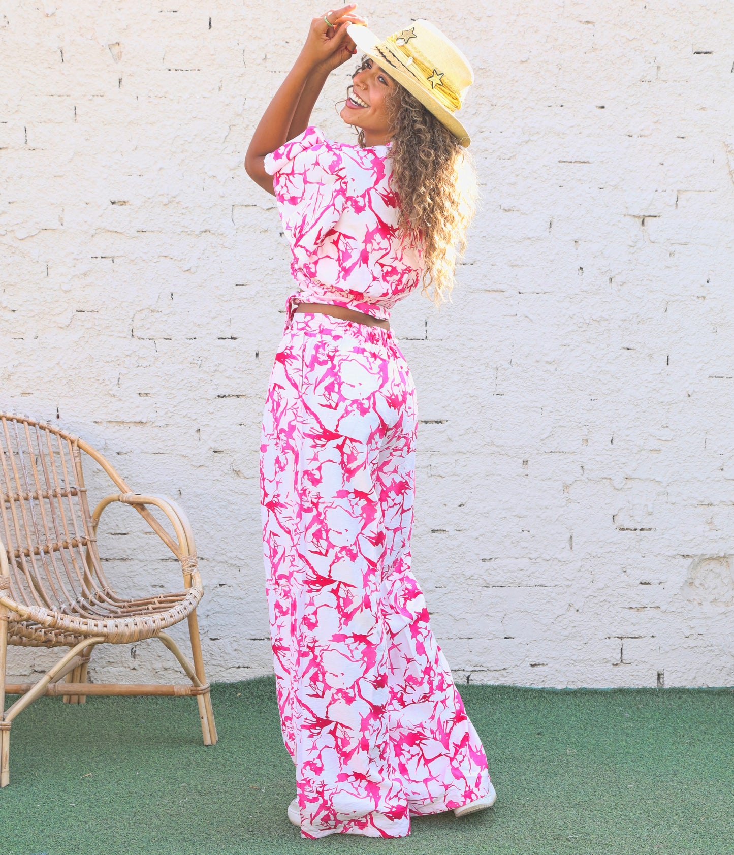 Pink Velvet Set, Wrap Top, Wide-Leg Pants, Summer