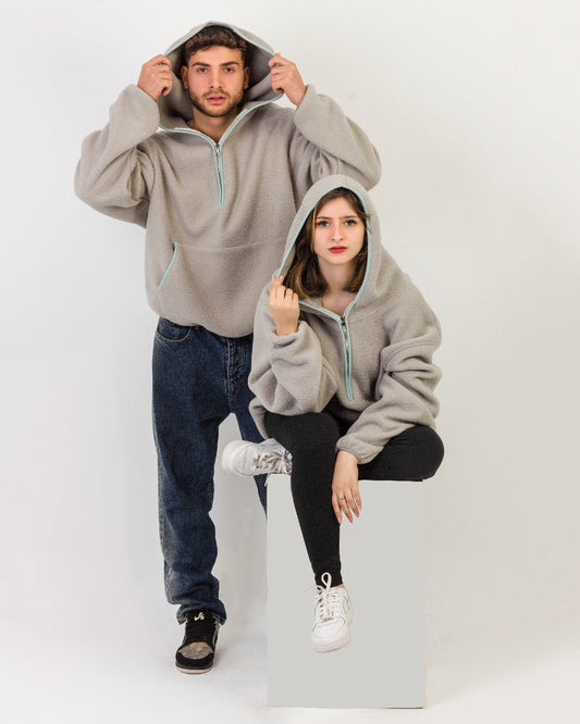 Oversized grey mint hoodie with fleece and half-zip