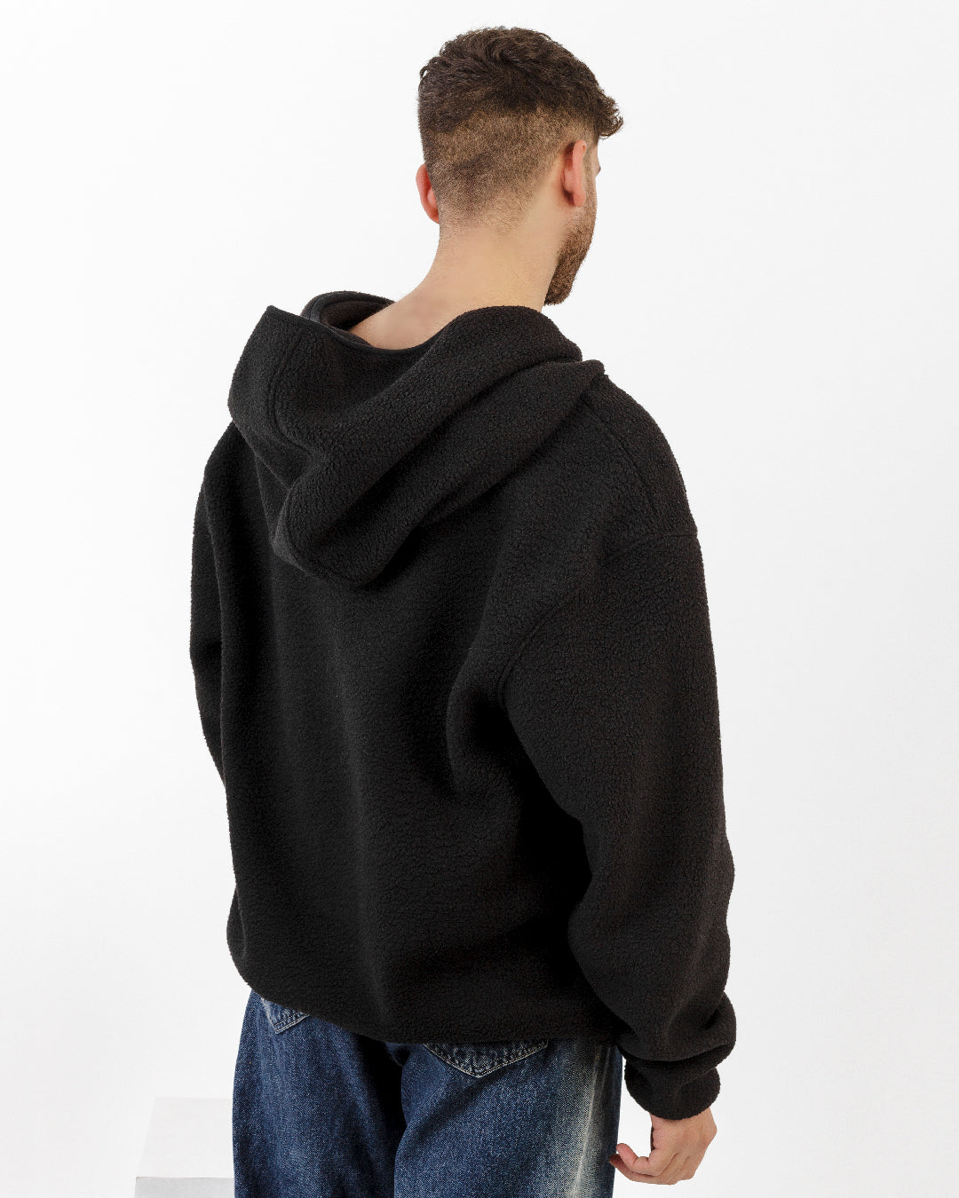 Oversized Black Hoodie, Unisex, Fleece, Half-Zip