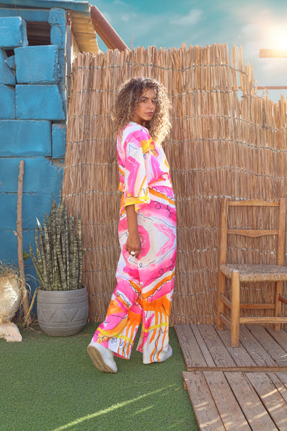 Pink Waves Set, Kimono, Pants, Belt, Summer