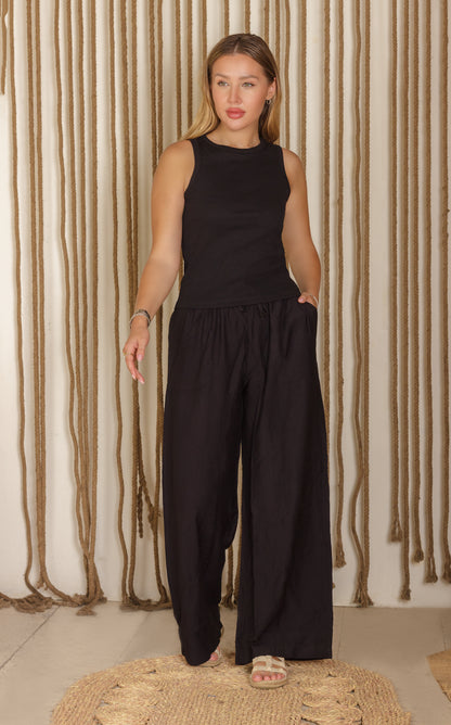 Midnight Blue Linen Pants, Wide-Leg Style