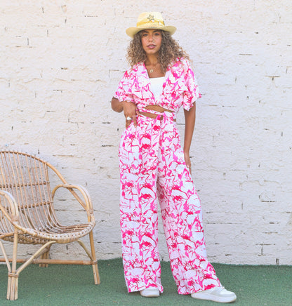 Pink Velvet Set, Wrap Top, Wide-Leg Pants, Summer