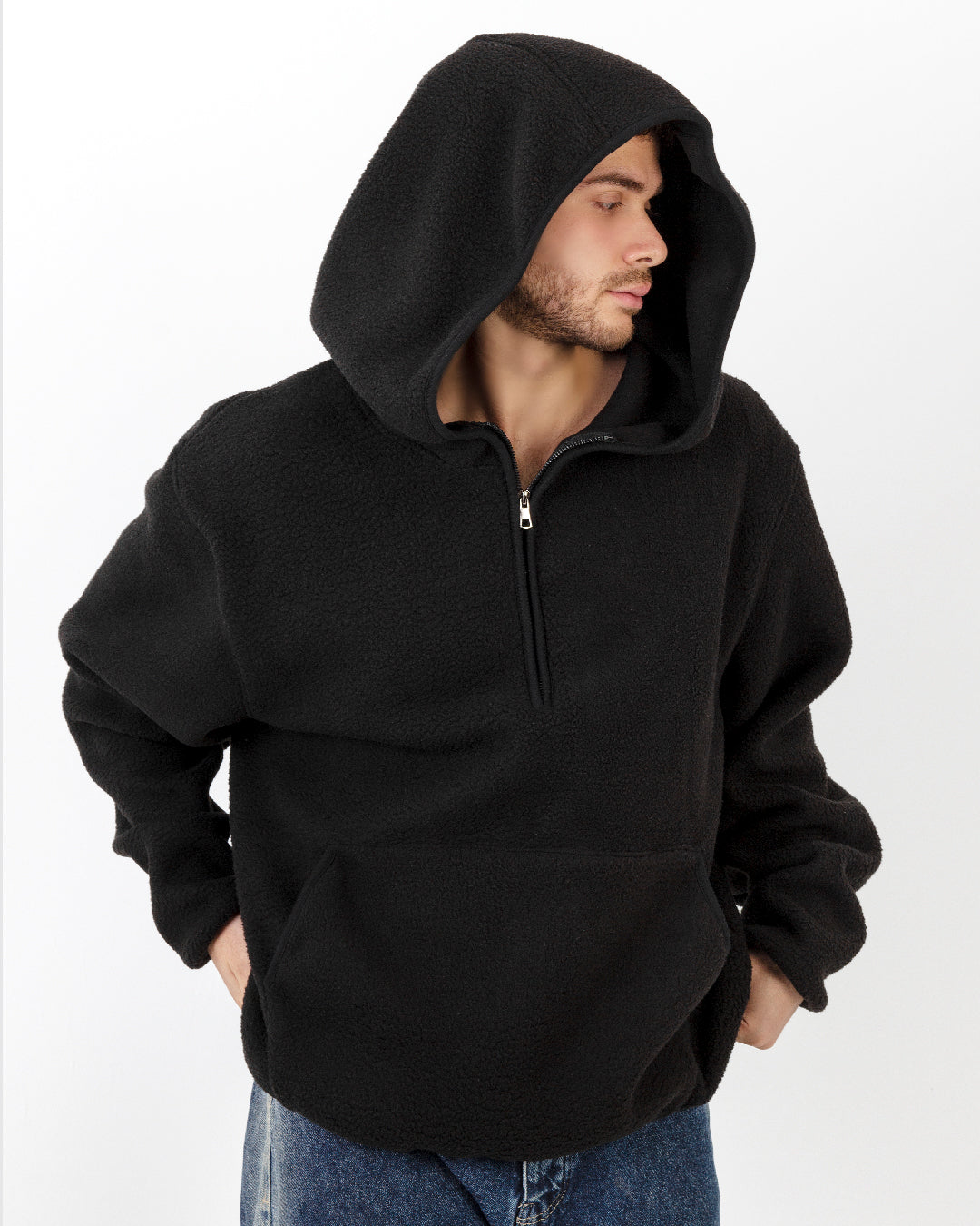 Oversized black hoodie with fleece and half-zip