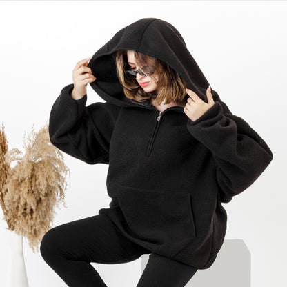 Oversized Black Hoodie, Unisex, Fleece, Half-Zip