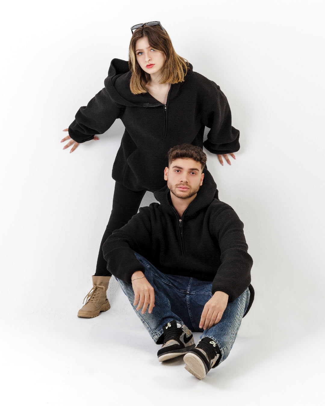 Oversized Black Hoodie, Unisex, Fleece, Half-Zip