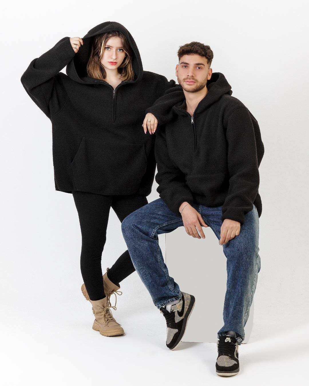 Oversized Black Hoodie, Unisex, Fleece, Half-Zip